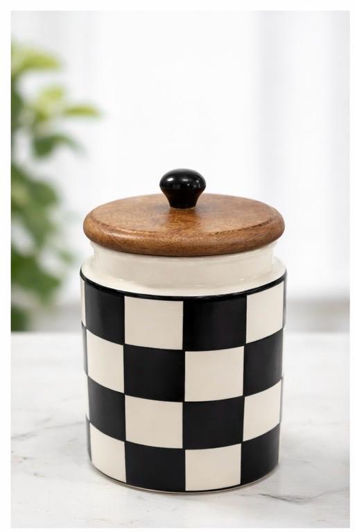Black and White Checker Ceramic Jar