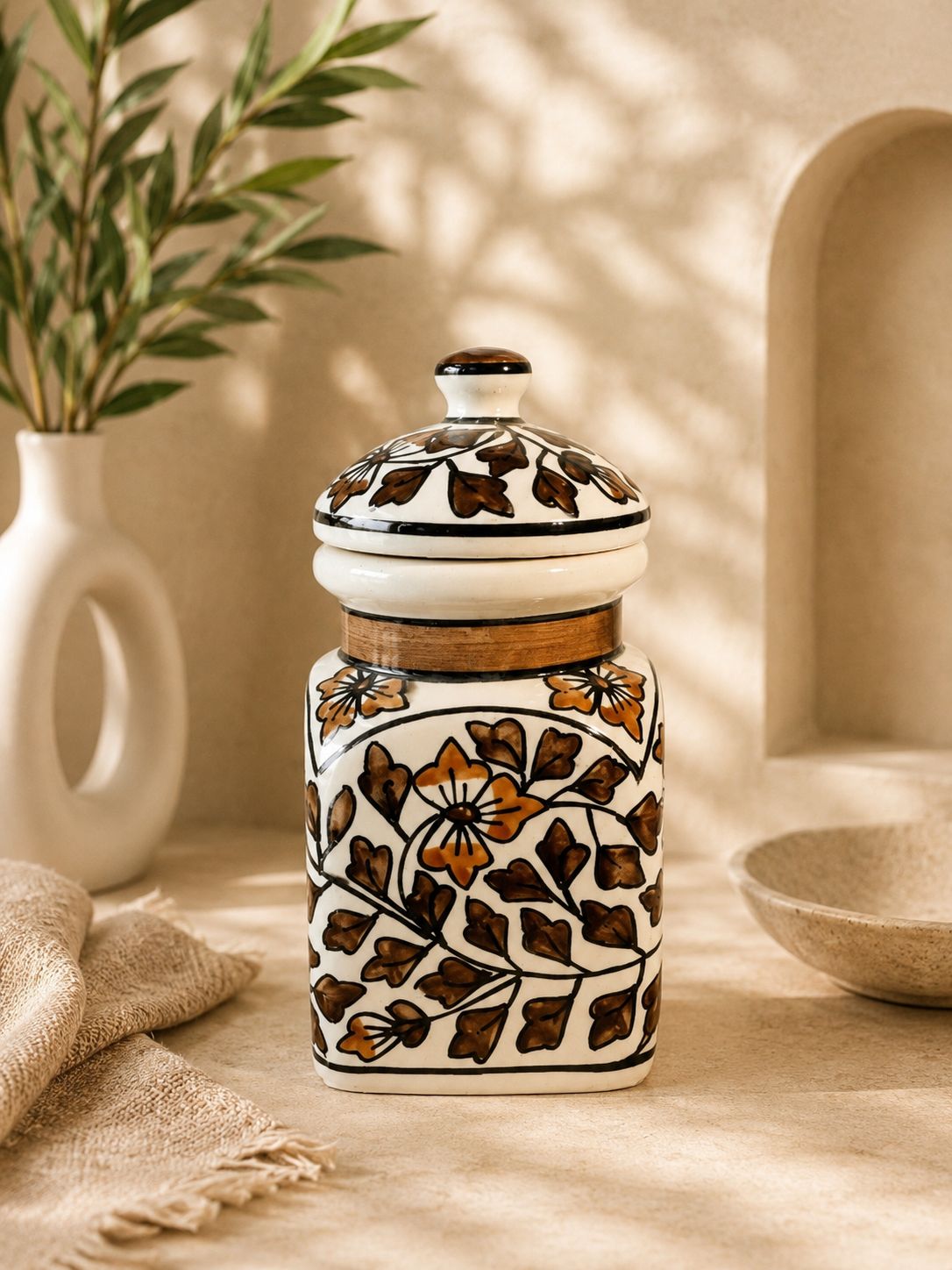 Brown Floral Ceramic Jar