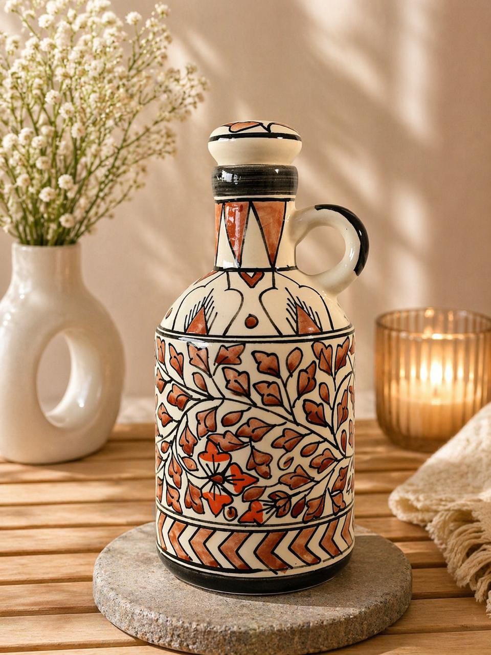 Rust and Orange Floral Ceramic Surahi